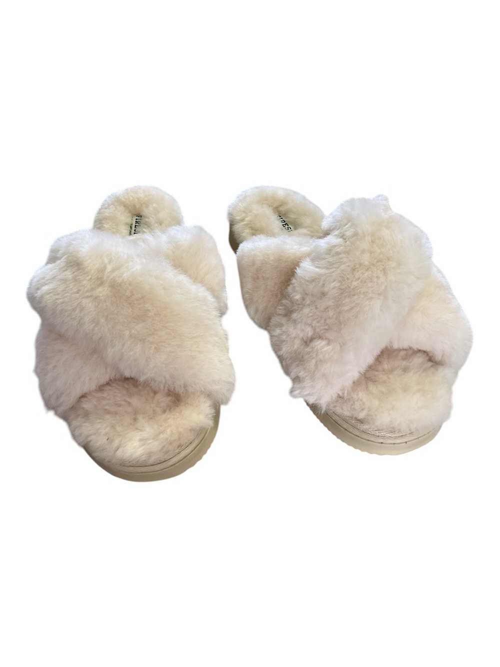 Fireside by Dearfoams New Castle Genuine Shearling Cross Band Slides Cream Size